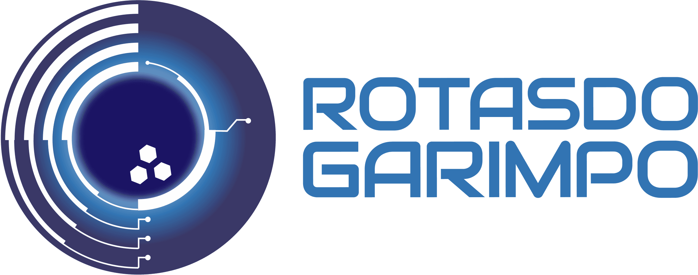 Logo marca do Rotas do Garimpo, a logo representa uma bateia tecnologica ao lado do texto Rotas do Garimpo